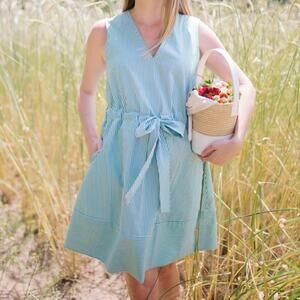 Pearl by Lela Rose Stretch Cotton Cottage Dress Green White Stripe Classy Preppy
